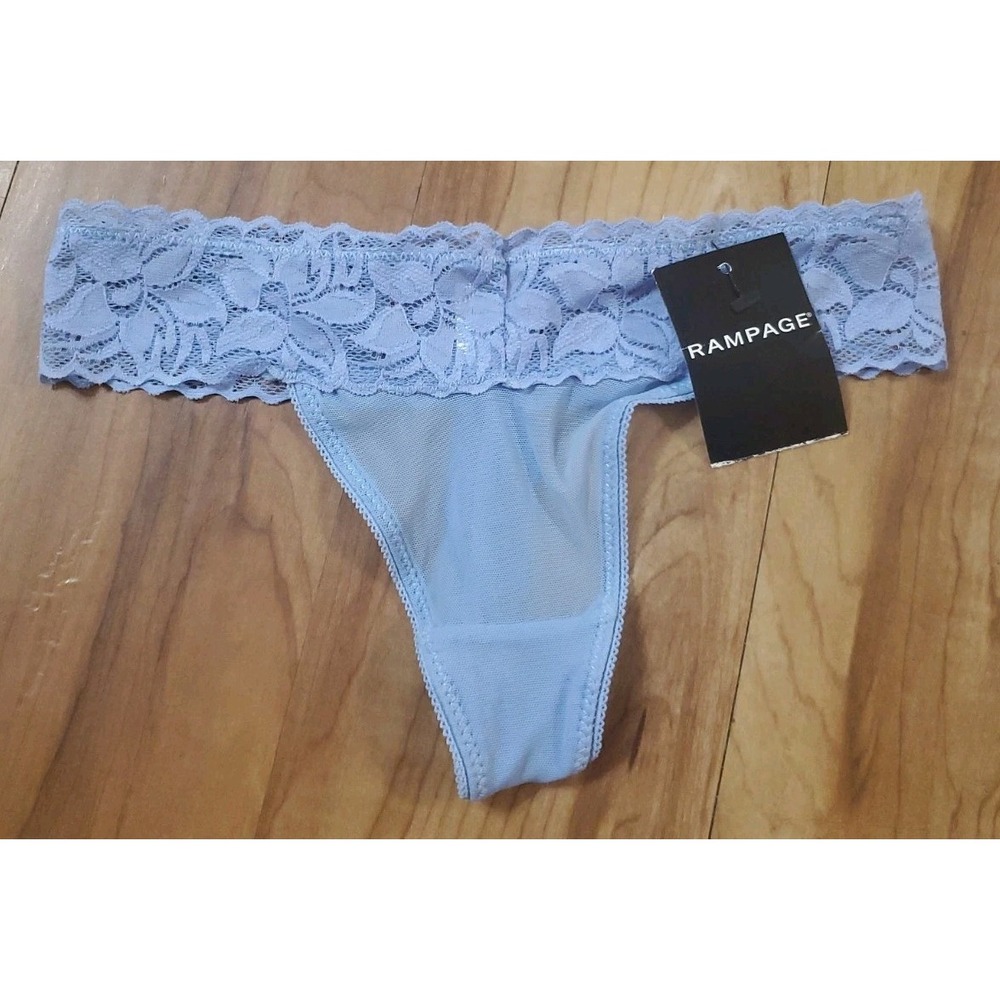 Rampage Lingerie Womens Small Blue Side Sheer Embroidered Lace Thong Panty